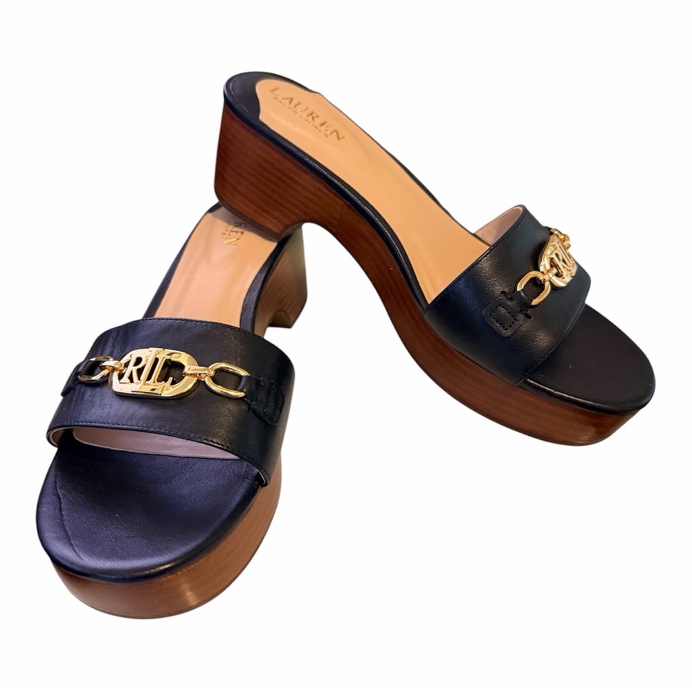 Ralph Lauren Black Leather Platform Slide Mules with Gold RL Chain